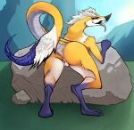  anthro bird_wyvern boulder butt capcom detailed_background female genitals hi_res izuchi long_tail looking_at_viewer monster_hunter monster_hunter_rise mountain orange_body orange_eyes presenting presenting_hindquarters pussy rock sky solo tongue tongue_out video_games xzorgothoth 