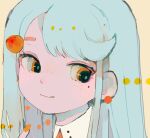  1girl aqua_hair bangs earrings freckles hair_ornament highres jewelry long_hair mole mole_under_eye orange_eyes original pepparmint310 portrait shadow smile solo 