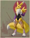  anthro black_sclera clothed clothing digimon digimon_(species) digital_media_(artwork) female fluffy fluffy_tail fur hi_res pinup pose renamon rubber rubber_legwear rubber_suit simple_background solo tall_lizzard_(artist) tight_clothing tuft white_body white_fur yellow_body yellow_fur 