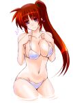  1girl bikini breasts brown_hair cleavage collarbone commentary_request cowboy_shot engo_(aquawatery) groin heart heart-shaped_pupils large_breasts long_hair looking_at_viewer lyrical_nanoha mahou_shoujo_lyrical_nanoha_strikers navel purple_eyes side_ponytail simple_background soaking_feet solo swimsuit symbol-shaped_pupils takamachi_nanoha white_background white_bikini 