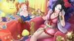  2girls bag bare_shoulders beads behoimi_slime belly_chain belt black_hair blue_eyes blue_shirt box_slime bracer breasts buchi_slime chair cleavage closed_eyes collarbone corset crossed_legs crown cupping_hands deborah_(dq5) dragon_quest dragon_quest_v dragon_quest_viii dress earrings flower frilled_dress frilled_skirt frills fur_scarf gold gold_coin hair_beads hair_flower hair_intakes hair_ornament happy highres hoop_earrings jessica_albert jewelry king_slime large_breasts long_hair long_skirt long_sleeves mole multiple_girls nail_polish nukadoko_mogera open_mouth orange_hair pillow pink_dress pink_nails ponytail red_skirt ring rose satchel shiny shirt sitting skirt sleeveless slime_(dragon_quest) strapless throne twintails 