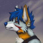  anthro arctic_wolf better_version_at_source blue_hair canid canine canis chest_tuft detailed falcon_woodwere hair headshot headshot_portrait hi_res looking_away male mammal olloie portrait red_eyes solo tuft wolf 