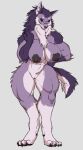 2019 anthro areola audunor big_breasts breasts canid canine canis chest_tuft digital_media_(artwork) female genitals gloves_(marking) grey_background mammal markings nipples nude purple_body pussy scar simple_background solo tuft wolf 