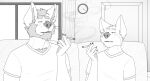  anthro canid canine canis cliff_(unpopularwolf) clothed clothing drugs duo elliot_(unpopularwolf) furniture hi_res inside male male/male mammal marijuana red_eyes smoking sofa unpopularwolf wolf 