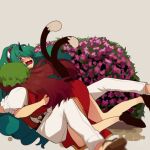  2girls animal_ears ass bare_legs belt black_footwear brown_hair cat_ears cat_tail chen china_dress chinese_clothes cloud_print curly_hair dress embarrassed feet_out_of_frame full_body geta green_eyes green_hair green_headwear hat himari-san_yanaika horns hug jewelry kariyushi_shirt komainu komano_aunn long_hair mob_cap multiple_girls multiple_tails nekomata pants pillow_hat puffy_short_sleeves puffy_sleeves red_shirt shirt short_sleeves single_earring single_horn tail touhou two_tails white_pants white_shirt 