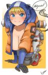  1girl all_fours animal_ears apex_legends bangs blonde_hair blue_eyes blue_gloves blue_headwear breasts cat_ears cleavage collarbone crawling fake_animal_ears fake_whiskers gloves highres hood hooded_jacket jacket large_breasts loa_(loa_apex_more) looking_at_viewer orange_jacket pants scar scar_on_cheek scar_on_face smile solo wattson_(apex_legends) whiskers white_pants 