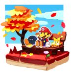  1girl 2boys autumn autumn_leaves bench blue_overalls blue_sky bobby_(paper_mario) brown_footwear brown_hair cloud commentary_request day facial_hair falling_leaves flower from_side gloves hat leaf long_sleeves looking_to_the_side maple_leaf mario mario_(series) multiple_boys mustache olivia_(paper_mario) on_bench outdoors outline overalls paper_mario paper_mario:_the_origami_king park_bench purple_flower red_headwear red_shirt sakino_(sanodon) shirt shoes short_hair sitting sitting_on_bench sky solid_oval_eyes star_(symbol) tree white_gloves white_outline yellow_headwear 