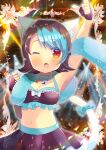  1girl ;o animal_ear_fluff animal_ears arm_up armpits bangs bare_shoulders bell black_gloves black_hair black_skirt blue_bow blue_choker blue_hair bow breasts cat_ears cat_girl cat_tail choker cleavage collarbone crop_top eyebrows_visible_through_hair fang fingerless_gloves frills gloves hand_up jingle_bell kouu_hiyoyo medium_breasts midriff multicolored_hair navel neck_bell one_eye_closed open_mouth original pleated_skirt pointing pointing_up red_eyes skirt solo tail tail_bow tail_ornament tail_raised two-tone_hair 