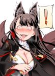  ! 1girl akagi_(azur_lane) animal_ears azur_lane bangs black_hair blunt_bangs blush breasts cleavage commentary_request crazy_eyes crazy_smile eyebrows_visible_through_hair eyeshadow fox_ears fox_girl fox_tail japanese_clothes kyuubi long_hair looking_at_viewer makeup multiple_tails sidelocks simple_background solo spoken_exclamation_mark steed_(steed_enterprise) tail visible_air white_background wide_sleeves 