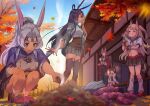  5girls absurdres amagi_(azur_lane) animal_ear_fluff animal_ears architecture autumn autumn_leaves azur_lane belt black_skirt blue_skirt blue_sky brown_hair brown_legwear bunny_ears coat east_asian_architecture eating food glasses green_eyes green_skirt headband high_ponytail highres hiryuu_(azur_lane) holding holding_tray japanese_clothes kimono long_hair midriff miniskirt moji_(mojimozis) multiple_girls nagato_(azur_lane) open_clothes open_coat open_mouth outdoors pleated_skirt purple_hair purple_kimono red_belt red_coat round_eyewear shirt short_sleeves skirt sky smoke socks souryuu_(azur_lane) steam sweet_potato thighhighs tray white_hair white_legwear white_shirt wide_sleeves yakiimo yuudachi_(azur_lane) zettai_ryouiki 