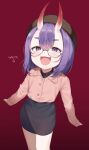  1girl :d absurdres bangs beret blush bob_cut buttons collared_shirt eyeliner fang fate/grand_order fate_(series) glasses hat highres horns looking_at_viewer makeup miniskirt office_lady oni oni_horns open_mouth purple_eyes purple_hair shirt short_eyebrows short_hair shuten_douji_(fate) signature skin-covered_horns skirt smile solo useq1067 