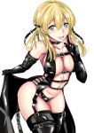  1girl absurdres aqua_eyes bare_shoulders bdsm black_gloves black_panties blonde_hair blush bondage_outfit breasts buckle cleavage collarbone cowboy_shot elbow_gloves eyebrows_visible_through_hair finger_to_mouth gloves hair_intakes hair_ribbon highres kantai_collection ken_(shutenndouji1) latex latex_choker latex_gloves latex_legwear latex_panties leather leather_choker long_hair looking_at_viewer medium_breasts navel open_mouth panties prinz_eugen_(kancolle) ribbon skirt skirt_lift smile solo standing thighhighs thighs underwear white_background 