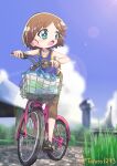  1girl absurdres bag bangs bicycle black_footwear blue_eyes blue_shirt blue_sky blurry blurry_background blurry_foreground brown_hair brown_pants capri_pants casual cloud cloudy_sky commentary depth_of_field eyebrows_visible_through_hair girls_und_panzer grass ground_vehicle highres huge_filesize lens_flare looking_to_the_side ooarai_marine_tower open_mouth outdoors pants riding_bicycle sakaguchi_karina sandals shirt short_hair sky solo tank_top twitter_username yamakake_(tororo1293) 