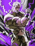  1boy abs alternate_eye_color bara beard belt black_belt brown_pants brown_shirt clenched_hand closed_mouth collared_shirt commentary cowboy_shot facial_hair furrowed_eyebrows gloves hermit_purple highres jang_ju_hyeon jojo_no_kimyou_na_bouken joseph_joestar looking_at_viewer male_focus manly mature_male muscular muscular_male navel no_hat no_headwear open_clothes open_shirt pants purple_eyes shirt short_hair short_sleeves solo stand_(jojo) standing stardust_crusaders symbol_commentary thorns white_gloves white_hair 