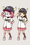  2girls ;) bangs baseball_cap baseball_jersey black_headwear blunt_bangs blush brown_hair buffalo_bell buffalo_bell_(cosplay) closed_mouth clothes_writing commentary cosplay cow_horns crossover dot_nose full_body gloves grey_background hand_on_hip hand_up hat highres hitoribocchi_no_marumaru_seikatsu honshou_aru horned_headwear horns katsuwo_(cr66g) long_hair mascot matching_outfit medium_hair miniskirt multiple_girls nippon_professional_baseball one_eye_closed orix_buffaloes pink_eyes pink_hair pink_skirt pleated_skirt pose shirt short_sleeves side-by-side sidelocks simple_background skirt smile sportswear standing striped striped_skirt w w_over_eye white_footwear white_gloves white_shirt 