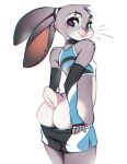  2021 5_fingers absurd_res anthro bottomwear breasts butt clothed clothing digital_media_(artwork) disney eyebrows eyelashes female fingers fur grey_body grey_fur hi_res judy_hopps lagomorph leporid mammal partially_clothed rabbit shorts shorts_down simple_background smile solo tsampikos whiskers white_background zootopia 
