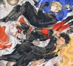  1girl 2boys armor armored_boots black_footwear black_gloves black_hair black_pants blonde_hair blue_cape boots cape claude_von_riegan closed_eyes closed_mouth cravat dimitri_alexandre_blaiddyd edelgard_von_hresvelg fire_emblem fire_emblem:_three_houses fork garreg_mach_monastery_uniform gauntlets gloves gotou_(pixiv37128) hair_ribbon long_hair long_sleeves lying multiple_boys on_back on_side pants pantyhose parted_lips plate red_cape red_legwear ribbon signature spoon white_gloves white_hair white_neckwear yellow_cape 