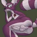  anthro anus balls big_tail butt cacomixtle digital_media_(artwork) fangs fur genitals humanoid_genitalia humanoid_penis lying male noodlybat_(artist) on_side penis penis_tuck pixel_(artwork) presenting presenting_anus presenting_hindquarters purple_body purple_fur scar simple_background solo striped_tail stripes white_body white_fur 