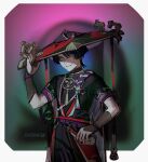  1boy artist_name black_hair genshin_impact hair_between_eyes hand_on_headwear hand_on_hip hat highres male_focus parted_lips purple_eyes r3p4aty_bow scaramouche signature sketch smile solo standing 