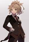  1girl absurdres blonde_hair fate/apocrypha fate/grand_order fate_(series) gloves green_eyes hair_intakes hand_on_hip heroic_spirit_formal_dress highres long_hair looking_at_viewer mordred_(fate) mordred_(fate)_(all) necktie ponytail revision same_(sendai623) scrunchie smirk solo standing tuxedo white_gloves wind 