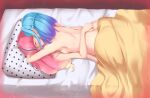  2girls absurdres aikatsu!_(series) aikatsu_friends! armpits arms_around_neck arms_up artist_name ass back bangs bed bed_sheet black_hairband blanket blue_hair blunt_bangs blurry bokeh breasts butt_crack closed_eyes commentary_request covered_face depth_of_field drill_hair facing_another frilled_hairband frills giep4869 girl_on_top gradient_hair hair_over_shoulder hairband hand_on_another&#039;s_back happy_sex head_on_pillow highres hug implied_kiss lens_flare long_hair lying lying_on_person medium_hair minato_mio multicolored_hair multiple_girls on_back on_bed on_stomach orange_hair pink_hair polka_dot_pillow purple_hair shoulder_blades sideboob small_breasts sparkle under_covers yuri yuuki_aine 