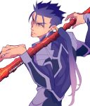  1boy angry armor artist_name back blue_bodysuit blue_hair bodysuit cu_chulainn_(fate)_(all) cu_chulainn_(fate/stay_night) earrings english_commentary fate/stay_night fate_(series) from_behind gae_bolg_(fate) holding holding_polearm holding_weapon jewelry long_hair long_sleeves looking_at_viewer looking_back male_focus muscular muscular_male omoshiroi open_mouth pauldrons polearm polearm_behind_back ponytail red_eyes shoulder_armor simple_background skin_tight solo spiked_hair weapon white_background 