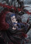  1boy black_pants blood bloody_weapon blue_hair bodypaint cape closed_mouth cu_chulainn_(fate)_(all) cu_chulainn_alter_(fate/grand_order) dark_blue_hair dark_persona detached_hood earrings facepaint fate/grand_order fate_(series) floating_hair fur-trimmed_cape fur_trim gae_bolg_(fate) grin holding holding_polearm holding_weapon hood hood_up jewelry long_hair looking_at_viewer male_focus monster_boy muscular muscular_male pants pectorals polearm ponytail red_eyes sharp_teeth shirtless smile solo spiked_hair spikes tail teeth weapon yanaki_(ynyaan_3) 
