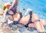  arknights beach bikini eyepatch flowers hat short_hair swimsuit tagme_(artist) water 