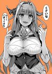  1girl ahoge bangs blunt_bangs bow braid breasts cleavage cleavage_cutout clothing_cutout commentary_request diagonal-striped_bow dragon_horns fangs greyscale hairband hololive horn_bow horns kiryu_coco large_breasts long_hair monochrome orange_background pointy_ears solo translation_request upper_body very_long_hair virtual_youtuber yukinojou_yakan 