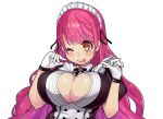  1girl ;p aizono_manami breasts cleavage cleavage_cutout clothing_cutout eyebrows_visible_through_hair huge_breasts long_hair maid maid_headdress nijisanji one_eye_closed pink_hair short_eyebrows solo thick_eyebrows tongue tongue_out upper_body virtual_youtuber yukinojou_yakan 