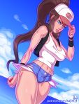  1girl baseball_cap black_vest black_wristband blue_eyes blue_shorts breasts brown_hair cameltoe cleavage closed_mouth cloud commentary covered_nipples day english_commentary hand_on_headwear hand_up hat high_ponytail hilda_(pokemon) holding holding_poke_ball kajin_(kajinman) long_hair navel open_clothes open_vest outdoors poke_ball poke_ball_(basic) pokemon pokemon_(game) pokemon_bw shiny shiny_skin shirt short_shorts shorts sidelocks signature sky solo two-tone_headwear vest watermark web_address white_shirt wristband 
