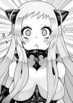  1girl @_@ abyssal_ship airfield_princess breasts drooling emphasis_lines greyscale horns kantai_collection long_hair medium_breasts monochrome sidelocks solo triangle_mouth upper_body yukinojou_yakan 