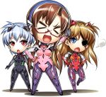  &gt;_&lt; 3girls :o ayanami_rei blue_eyes bodysuit breasts brown_hair chibi covered_navel evangelion:_3.0_you_can_(not)_redo eyepatch glasses hairband hand_on_hip hands_on_hips hiyohiyo long_hair makinami_mari_illustrious medium_breasts multicolored multicolored_bodysuit multicolored_clothes multiple_girls neon_genesis_evangelion open_mouth plugsuit rebuild_of_evangelion red-framed_eyewear semi-rimless_eyewear shadow shikinami_asuka_langley shiny shiny_clothes short_hair smile souryuu_asuka_langley under-rim_eyewear 