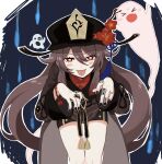  &gt;:p &gt;o&lt; 1girl \o/ abstract_background arms_up bangs bare_legs black_headwear black_nails black_shirt black_shorts blue_background blush brown_hair commentary emoji fang feet_out_of_frame flipped_hair flower flower-shaped_pupils genshin_impact ghost ghost_pose hair_between_eyes hat hat_flower highres hu_tao long_hair long_sleeves multiple_rings nail_polish outstretched_arms plum_blossoms red_eyes shirt shorts skin_fang solo squatting sushi_171 thumb_ring tongue tongue_out 