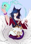  1girl absurdres ahri animal_ear_fluff animal_ears blue_hair bracelet closed_mouth eyebrows_visible_through_hair facial_mark fingernails fire flame fox_ears fox_tail hair_between_eyes highres hitodama jewelry kitsune league_of_legends long_fingernails long_hair long_sleeves multiple_tails red_lips red_nails sharp_fingernails smile solo tail talos198 very_long_fingernails whisker_markings wide_sleeves yellow_eyes 