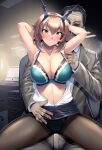  1boy 1girl alternate_costume armpits arms_up black_skirt blush bra breasts brown_hair business_suit cleavage clenched_teeth collarbone commentary_request commission erection formal girl_on_top gloves hassen_(8cm) headgear hetero indoors jacket jewelry kantai_collection large_breasts mutsu_(kancolle) office_lady open_clothes panties panties_under_pantyhose pantyhose pencil_skirt remodel_(kantai_collection) short_hair sitting sitting_on_lap sitting_on_person skeb_commission skirt solo_focus spread_legs steam steaming_body suit sweat teeth underwear 