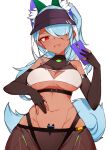  absurdres andou_inari belt blue_hair breasts cellphone choumi_wuti_(xueye_fanmang_zhong) dark_skin elbow_gloves fox_girl fox_tail gimp_suit gloves hat highlights highres joints mecha_musume multicolored_hair navel nijisanji one_eye_covered phone red_eyes robot_ears robot_joints selfie sun_hat tail underboob virtual_youtuber virtuareal 