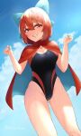  1girl black_swimsuit blue_bow blue_sky bow cape cloak cloud commentary_request competition_swimsuit cowboy_shot day grin hair_bow highleg highleg_swimsuit highres ke-su looking_at_viewer one-piece_swimsuit outdoors red_cloak red_eyes red_hair sekibanki short_hair sky smile solo standing swimsuit touhou 