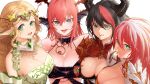  4girls absurdres armor asymmetrical_docking belt black_hair blonde_hair blue_eyes breast_press breasts chaos_(dungeon_and_fighter) choker cleavage cleavage_cutout clenched_teeth closed_mouth clothing_cutout dew_(knpn5338) dragon_knight_(dungeon_and_fighter) dungeon_and_fighter elven_knight_(dungeon_and_fighter) flower green_eyes heterochromia highres horns huge_filesize knight_(dungeon_and_fighter) large_breasts looking_at_viewer multicolored_hair multiple_girls open_mouth paladin_(dungeon_and_fighter) pink_hair pointy_ears shoulder_armor slit_pupils teeth tiara tongue tongue_out underboob white_hair 