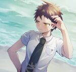  1boy ahoge bangs blush breast_pocket brown_hair closed_mouth collared_shirt commentary_request danganronpa_(series) danganronpa_2:_goodbye_despair dutch_angle green_neckwear haizai hand_on_hip hand_up highres hinata_hajime male_focus necktie outdoors pocket shirt short_hair short_sleeves solo spiked_hair sweatdrop upper_body white_shirt 