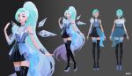  1girl aqua_hair blonde_hair blue_eyes character_request clothing_request commentary dress english_commentary english_text grey_background high_heels highres jason_chan jewelry k/da_(league_of_legends) league_of_legends looking_at_viewer simple_background tagme thighhighs 