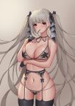  1girl arm_under_breasts azur_lane baeg_mi bangs black_bow black_gloves black_legwear black_neckwear black_ribbon blush bow bra breasts brown_bra brown_panties cleavage closed_mouth collarbone cowboy_shot earrings eyebrows_visible_through_hair fingerless_gloves floral_print formidable_(azur_lane) garter_belt gloves hair_bow hand_on_own_chest highres jewelry large_breasts lingerie long_hair looking_at_viewer mouth_hold navel neck_ribbon panties print_bra print_panties red_eyes ribbon rose_print silver_hair skindentation smile solo stomach thighhighs twintails underwear underwear_only very_long_hair 