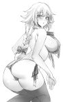  1girl absurdres ahoge ass bikini bikini_bottom braid breasts fate_(series) from_behind greyscale headpiece highres jeanne_d&#039;arc_(fate) jeanne_d&#039;arc_(fate)_(all) kneeling large_breasts long_braid long_hair looking_at_viewer looking_back monochrome shiny shiny_hair sideboob single_braid solo swimsuit thighhighs zerocat 