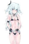  1girl apron arm_garter bikini black_bikini black_gloves blue_eyes bow bow_bikini breasts cameltoe choker cowboy_shot degarashi_pack frilled_apron frilled_bikini frilled_choker frills girls_frontline gloves long_hair maid_bikini navel pa-15_(girls_frontline) side-tie_bikini silver_hair small_breasts solo standing string_bikini swimsuit two_side_up waist_apron white_apron 