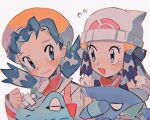  2girls :d bangs beanie blush clenched_hand closed_mouth commentary_request dawn_(pokemon) eye_contact eyelashes flying_sweatdrops gen_2_pokemon gen_4_pokemon gible grey_eyes hand_up hat hinann_bot jacket kris_(pokemon) long_sleeves looking_at_another multiple_girls open_mouth parted_bangs pokemon pokemon_(creature) pokemon_(game) pokemon_dppt pokemon_gsc scarf shiny shiny_hair smile totodile twintails white_background white_headwear white_jacket 