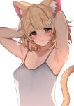  1girl animal_ear_fluff animal_ears areolae armpits arms_up azuse_neko bangs blonde_hair blush breasts cat_ears cat_tail grey_tank_top hair_ornament medium_breasts medium_hair nekoma_karin nipples red_eyes simple_background smile solo tail tank_top thick_eyebrows upper_body virtual_youtuber white_background wing_hair_ornament 