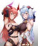 2girls arm_around_back armpits asymmetrical_docking belt bodystocking breast_press breasts chaos_(dungeon_and_fighter) cleavage commission detached_sleeves dungeon_and_fighter ganyu_(genshin_impact) gem genshin_impact highres horns knight_(dungeon_and_fighter) light_blue_hair long_hair looking_at_viewer multiple_girls navel open_mouth pharamacom pink_hair 