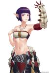  1girl absurdres arm_up artist_name bangs belt blunt_bangs breasts brown_gloves collarbone cowboy_shot earrings gloves hand_up highres jewelry kunai medium_breasts monster_hunter_(series) monster_hunter_rise navel necklace original parted_lips pointy_ears purple_eyes red_belt seraphim_throne shell_necklace shiny shiny_skin short_hair simple_background single_glove solo stomach weapon white_background 