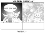  4:3 blizzard_entertainment blush canid canine comic depression dialogue drinking duo english_text eye_contact female fennec fox hi_res looking_at_another male mammal maxim_theos monochrome simple_background sitting text video_games vulpera warcraft 