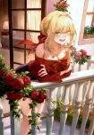  1girl absurdres ahoge balcony bangs bare_shoulders blonde_hair blush braid breasts cleavage collarbone fate/extra fate_(series) flower french_braid green_eyes highres jewelry leaning_forward long_hair long_sleeves looking_at_viewer mashuu_(neko_no_oyashiro) necklace nero_claudius_(fate) nero_claudius_(fate)_(all) open_mouth rose scan skirt smile solo 